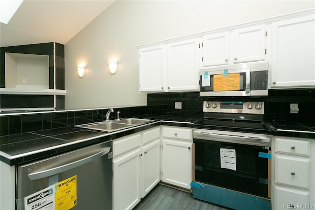 kitchen featuring lofted ceiling, stainless steel appliances, a sink, and backsplash