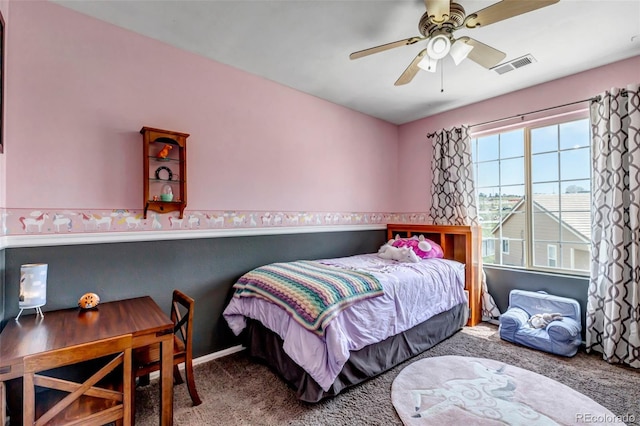 bedroom featuring carpet, visible vents, baseboards, and ceiling fan