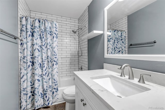 full bathroom with shower / bath combination with curtain, toilet, and vanity