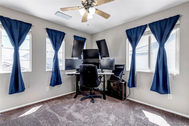 office with baseboards, a ceiling fan, and carpet flooring