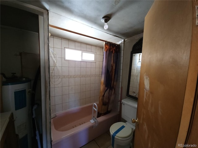 bathroom with shower / bath combo, toilet, water heater, and tile patterned flooring