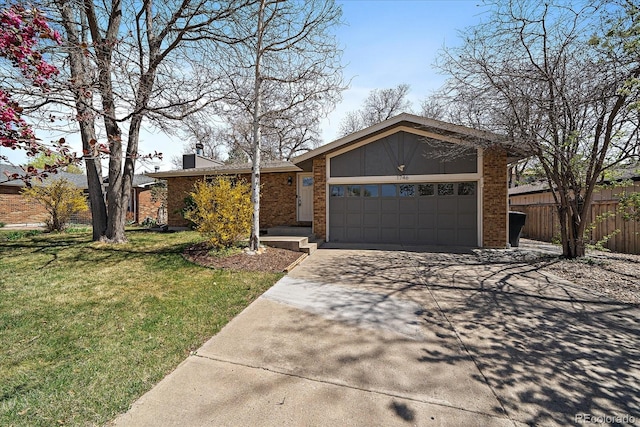 mid-century inspired home featuring fence, a front lawn, brick siding, a garage, and concrete driveway