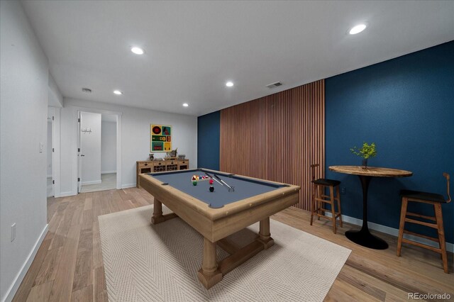 rec room featuring wood finished floors, baseboards, billiards, and recessed lighting