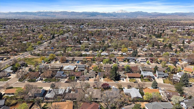 aerial view featuring a residential view and a mountain view