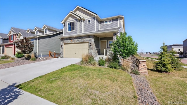 6207 Kildare Dr, Colorado Springs, CO 80927 - view of front of property featuring a garage, concrete driveway, stone siding, and a front lawn