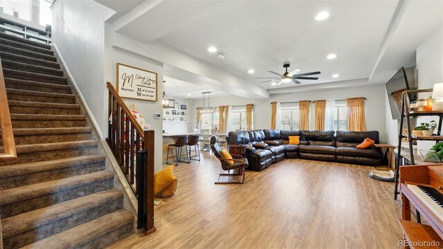6207 Kildare Dr, Colorado Springs, CO 80927 - living area featuring ceiling fan, stairs, wood finished floors, recessed lighting, and plenty of natural light