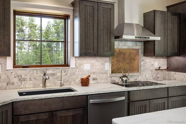 713 Rudi Ln, Golden, CO 80403 - kitchen featuring wall chimney range hood, dishwasher, black electric stovetop, dark brown cabinets, and backsplash