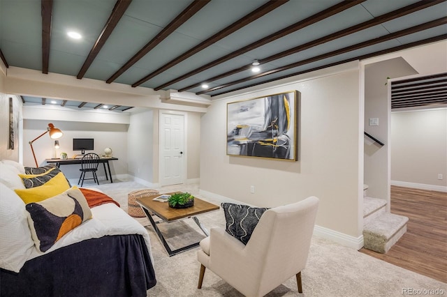 713 Rudi Ln, Golden, CO 80403 - living area with beam ceiling, stairs, wood finished floors, and recessed lighting