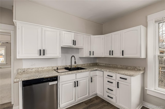 kitchen with dark wood-type flooring, sink, white cabinets, and stainless steel dishwasher