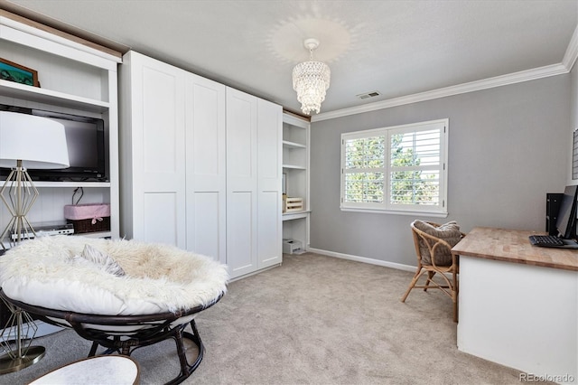 home office featuring crown molding, visible vents, light carpet, baseboards, and a notable chandelier