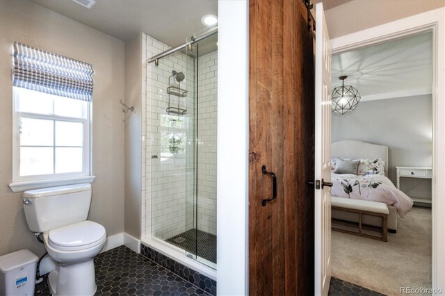 ensuite bathroom featuring a shower stall, toilet, and connected bathroom