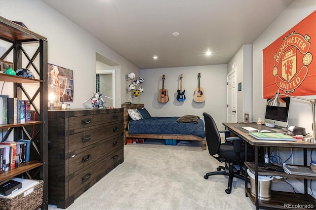 bedroom with recessed lighting and light colored carpet