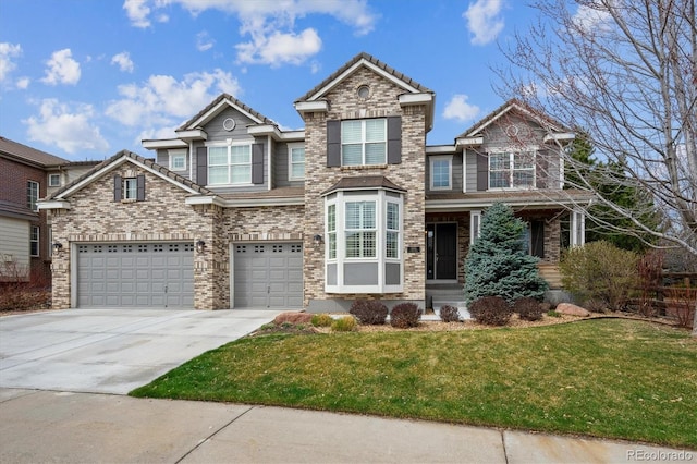 craftsman house featuring concrete driveway, a tiled roof, a garage, and a front lawn
