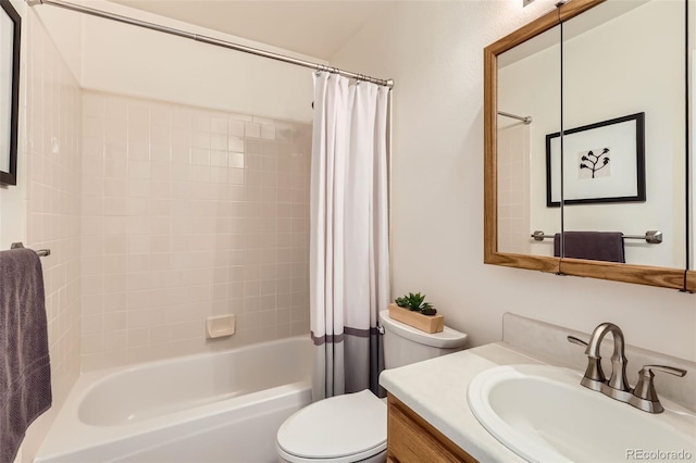 full bath featuring toilet, vanity, and shower / bathtub combination with curtain