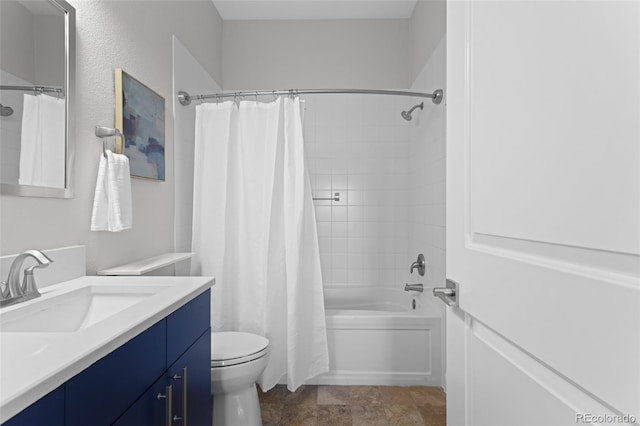 bathroom featuring vanity, shower / bathtub combination with curtain, and toilet