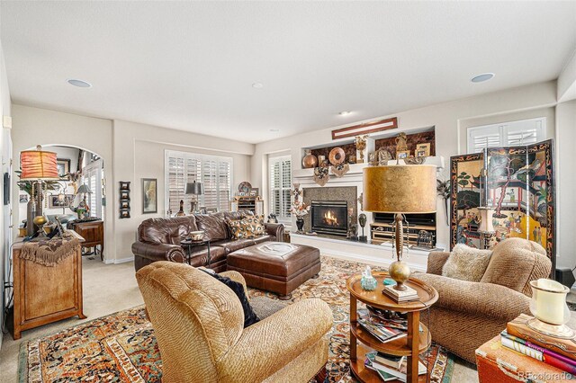 living room featuring light carpet