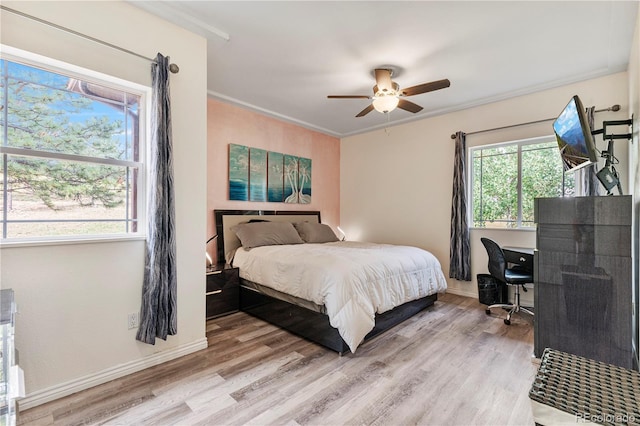 bedroom featuring ceiling fan, light hardwood / wood-style flooring, multiple windows, and ornamental molding