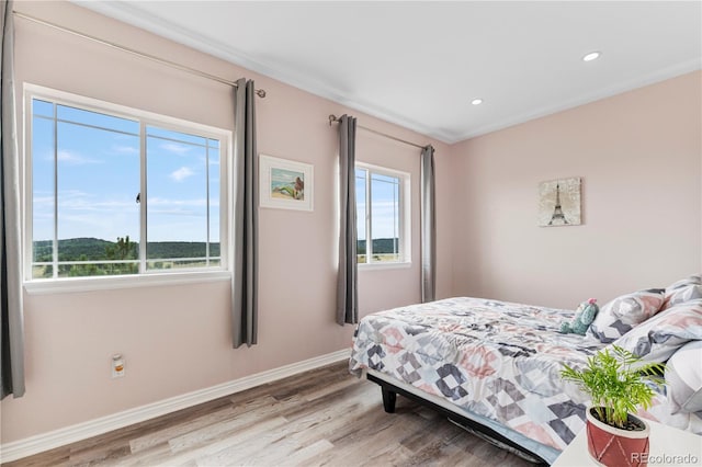 bedroom featuring crown molding and hardwood / wood-style flooring