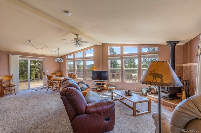 1258 Aspen Trl, Hartsel, CO 80449 - carpeted living room with a wood stove and a ceiling fan