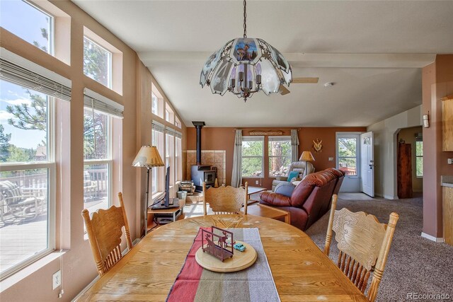 1258 Aspen Trl, Hartsel, CO 80449 - dining area with a wood stove, a chandelier, arched walkways, baseboards, and carpet floors