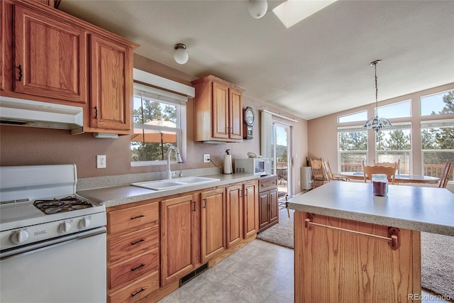 1258 Aspen Trl, Hartsel, CO 80449 - kitchen with white gas stove, a sink, under cabinet range hood, healthy amount of natural light, and vaulted ceiling