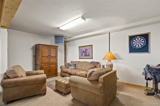 living room featuring a textured ceiling and carpet flooring