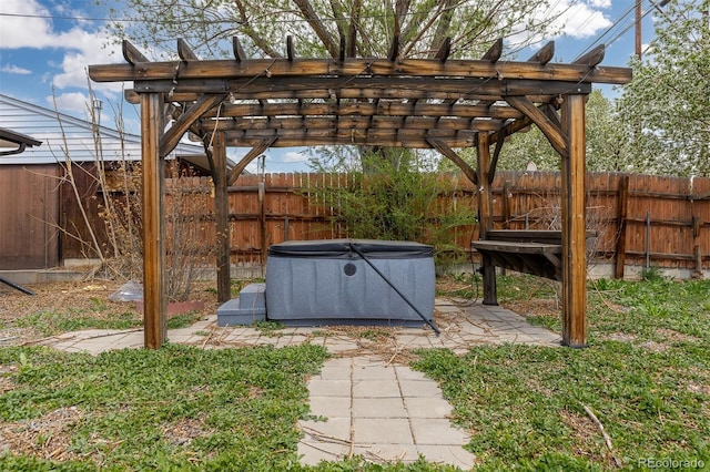 view of yard featuring a pergola and a fenced backyard