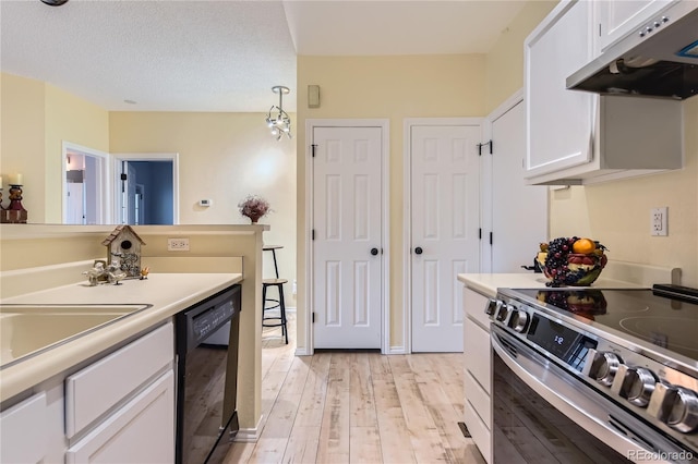 3040 W Prentice Ave Unit B, Littleton, CO 80123 - kitchen with under cabinet range hood, black dishwasher, electric range, light wood-type flooring, and white cabinets