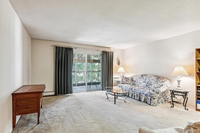 living room featuring carpet floors, a textured ceiling, and a baseboard radiator