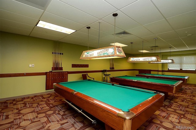 game room featuring billiards and a paneled ceiling