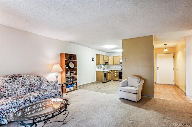 13500 E Cornell Ave Unit 302, Aurora, CO 80014 - living room featuring light carpet, a textured ceiling, and baseboards