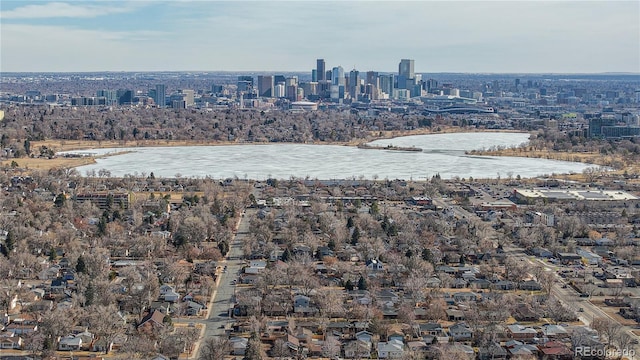 drone / aerial view featuring a water view