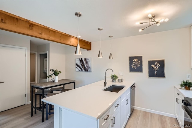 kitchen featuring a peninsula, a sink, light wood-style flooring, and dishwasher