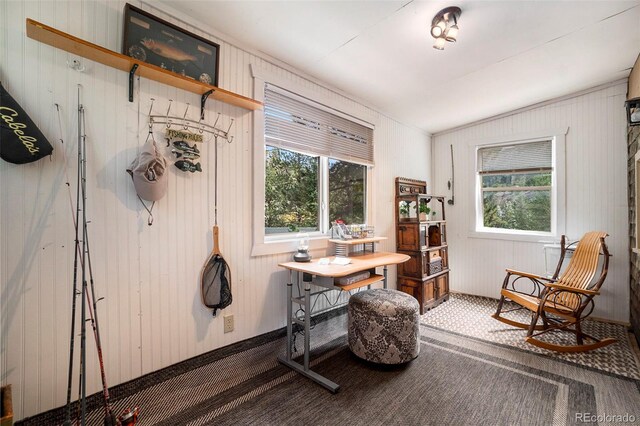 office space featuring a wealth of natural light, dark carpet, wood walls, and lofted ceiling