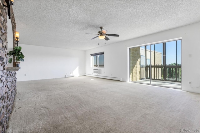 unfurnished living room with a baseboard radiator, ceiling fan, carpet floors, and a textured ceiling