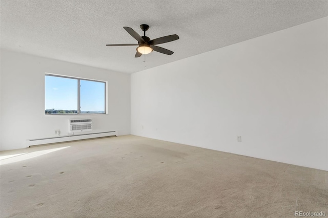 unfurnished room featuring ceiling fan, a baseboard radiator, a textured ceiling, and carpet