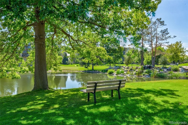 surrounding community featuring a water view and a lawn