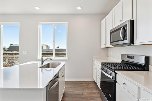 kitchen with white cabinetry, sink, dark wood-type flooring, and appliances with stainless steel finishes