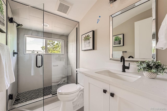 bathroom featuring vanity, toilet, vaulted ceiling, and a shower with shower door