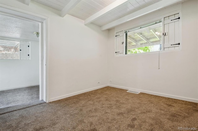 spare room featuring wood ceiling, carpet, electric panel, and beamed ceiling