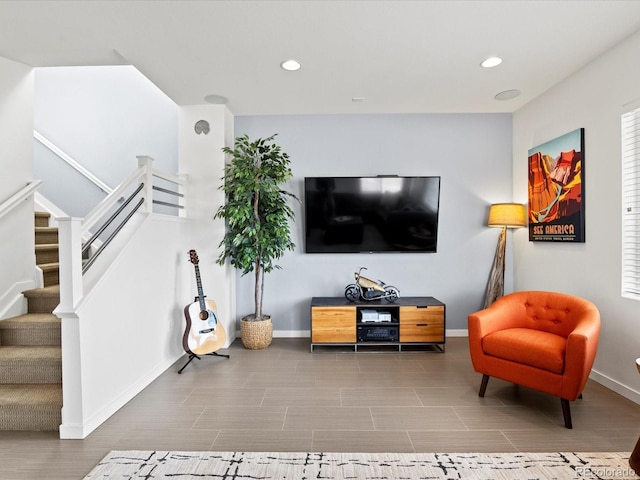 3368 Cranston Cir, Highlands Ranch, CO 80126 - living area featuring stairs, recessed lighting, and wood finished floors