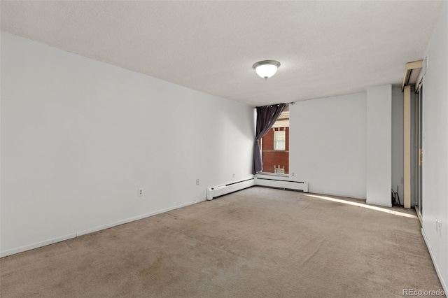 unfurnished room with light colored carpet, a textured ceiling, and baseboard heating