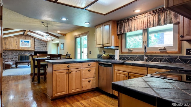 16639 E Berry Ln, Centennial, CO 80015 - kitchen with stainless steel dishwasher, a peninsula, light wood-style floors, decorative light fixtures, and a fireplace