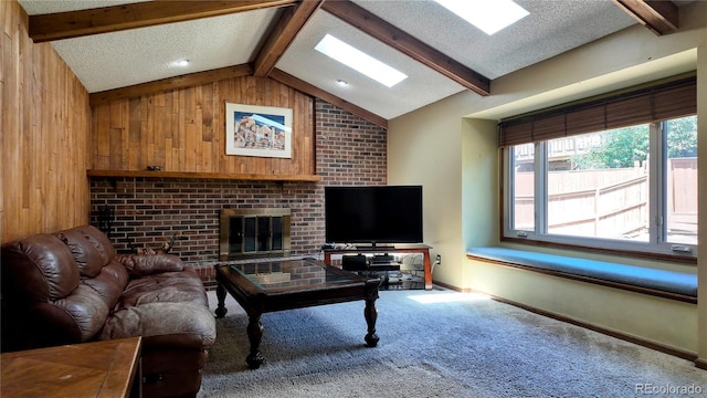 16639 E Berry Ln, Centennial, CO 80015 - carpeted living room with a fireplace, a textured ceiling, and wooden walls