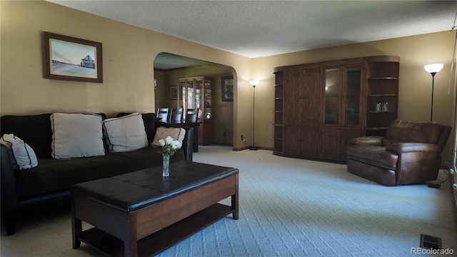 16639 E Berry Ln, Centennial, CO 80015 - living room with arched walkways, light carpet, and a textured ceiling