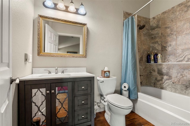 1851 E 138th Ave, Brighton, CO 80602 - bathroom with vanity, toilet, shower / bathtub combination with curtain, and wood finished floors