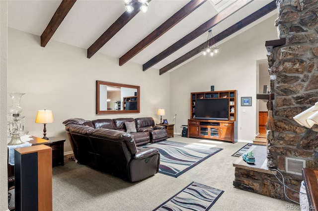 1851 E 138th Ave, Brighton, CO 80602 - living area featuring carpet, beamed ceiling, baseboards, and high vaulted ceiling