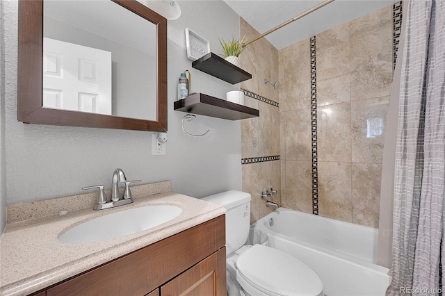 full bathroom with vanity, shower / tub combo with curtain, and toilet