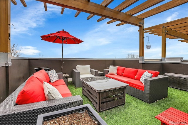 view of patio featuring outdoor lounge area and a pergola