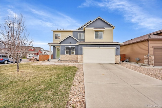 craftsman inspired home with an attached garage, driveway, stone siding, and a front yard